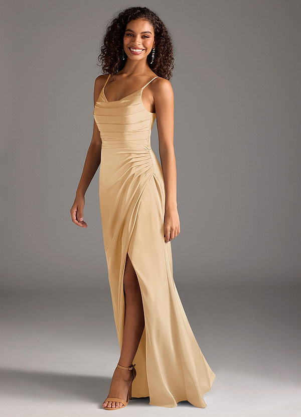 Azazie Deandra Bridesmaid Dresses Gold Mermaid Pleated Stretch Satin Dress image1