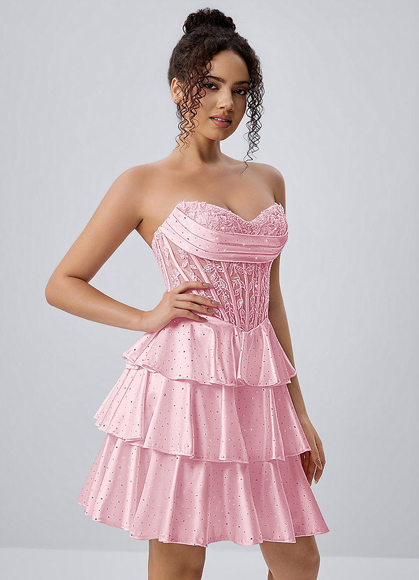 Maude Pink Strapless Floral Lace Corset Tiered Satin Mini Dress image1