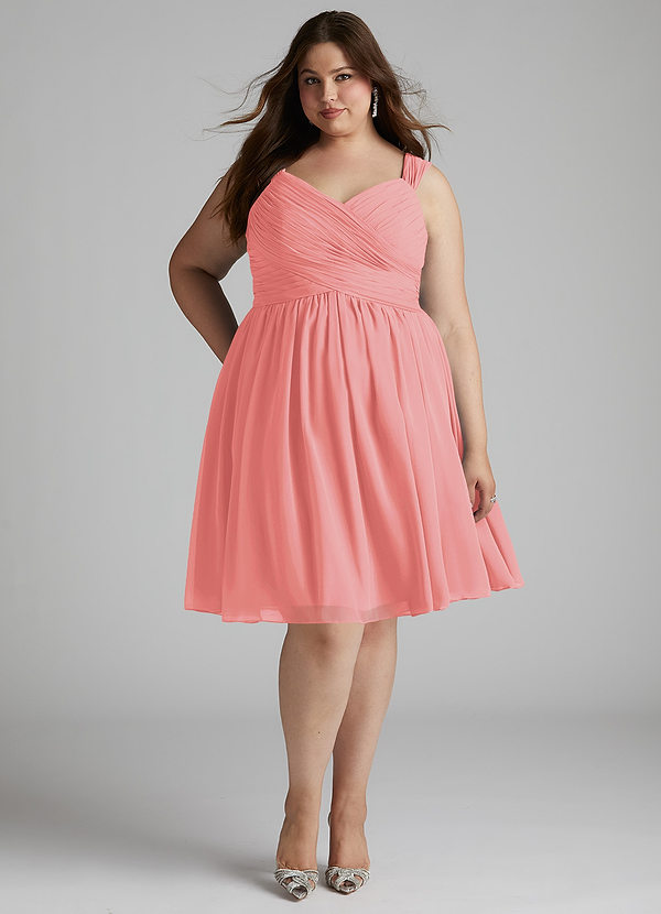 Azazie Angie Bridesmaid Dresses Coral A-Line Corset Chiffon Dress image1