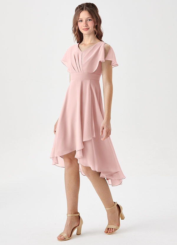Azazie Graciela Junior Robe Trapèze en Mousseline de soie Plissée Rose Poudré image1