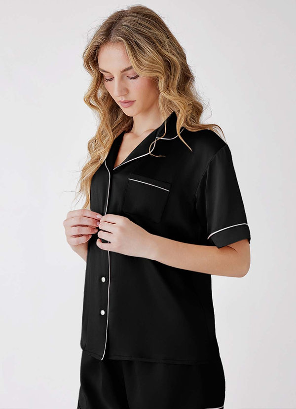 front Black 100% Washable Silk Pajama Short Sleeve Top