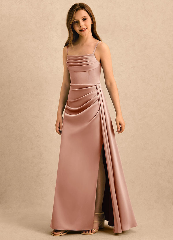Azazie Shyla Girls Formal Vestidos de Niña de Flores Vestido de Oro Rosa de Satén Elástico de Corte Recto con Plisado image1