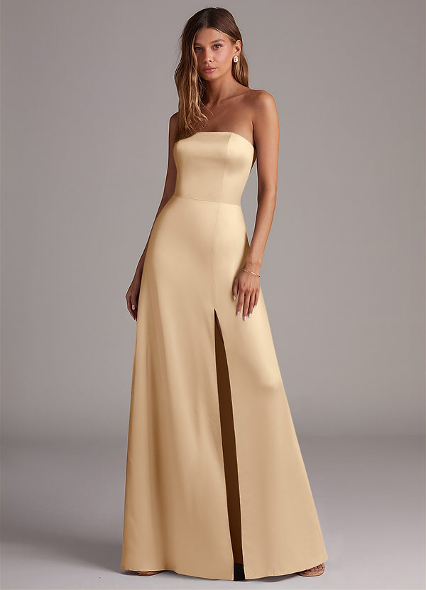 Azazie Wren Bridesmaid Dresses Champagne A-Line Strapless Stretch Satin Convertible Dress image1