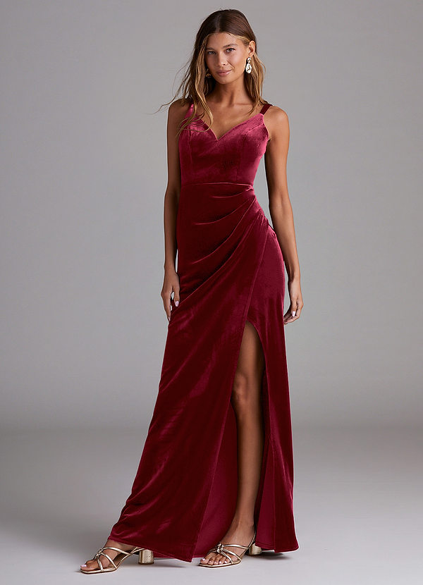 Azazie Leo Bridesmaid Dresses Burgundy Sheath Pleated Velvet Dress image1