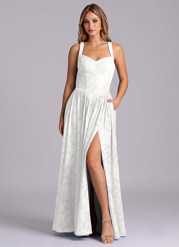 Azazie Francis Bridesmaid Dresses White A-Line Corset Floral Burnout Dress image1
