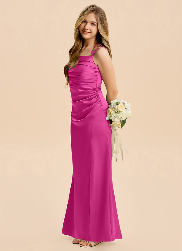 Azazie Nova Junior Fuchsia Sheath Pleated Stretch Satin Dress image1