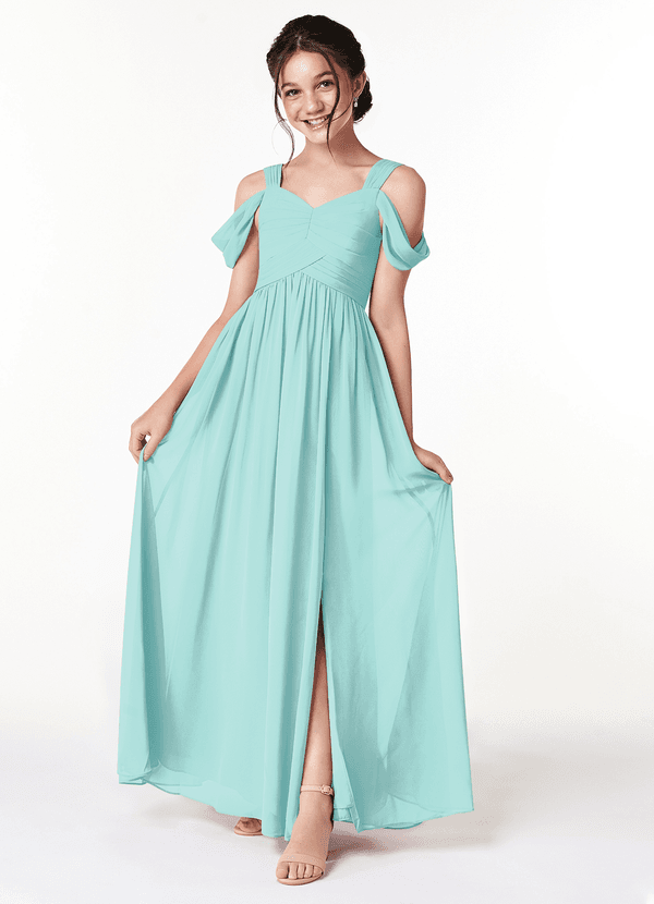 Azazie Lianne Junior Vestido de Aqua de Gasa de Corte En A con Vestidos sin tirantes image1