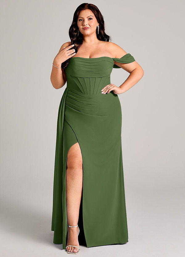 Azazie Amyra Vestidos Dama de Honor Vestido de Oliva de Gasa de Corte Recto Convertible con Vestidos sin tirantes image1