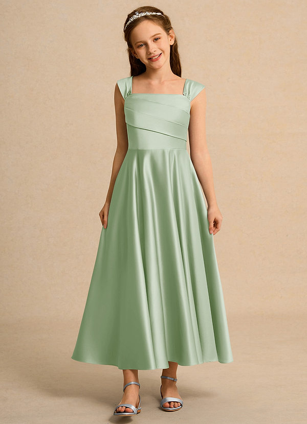 Azazie Bundle Junior Formal Bloemenmeisjes Jurken A-Lijn Jurk van Mat Satijn Geplooid Stoffige Salie image1