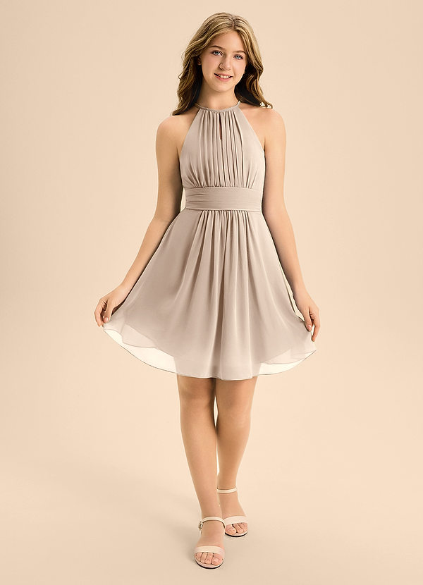 Azazie Bonnie Junior Taupe A-Line Pleated Chiffon Dress image1