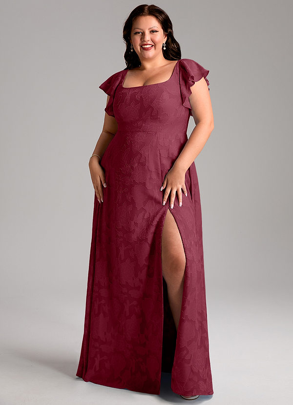 Azazie Bondi Bridesmaid Dresses Burgundy A-Line Side Slit Floral Burnout Dress image1