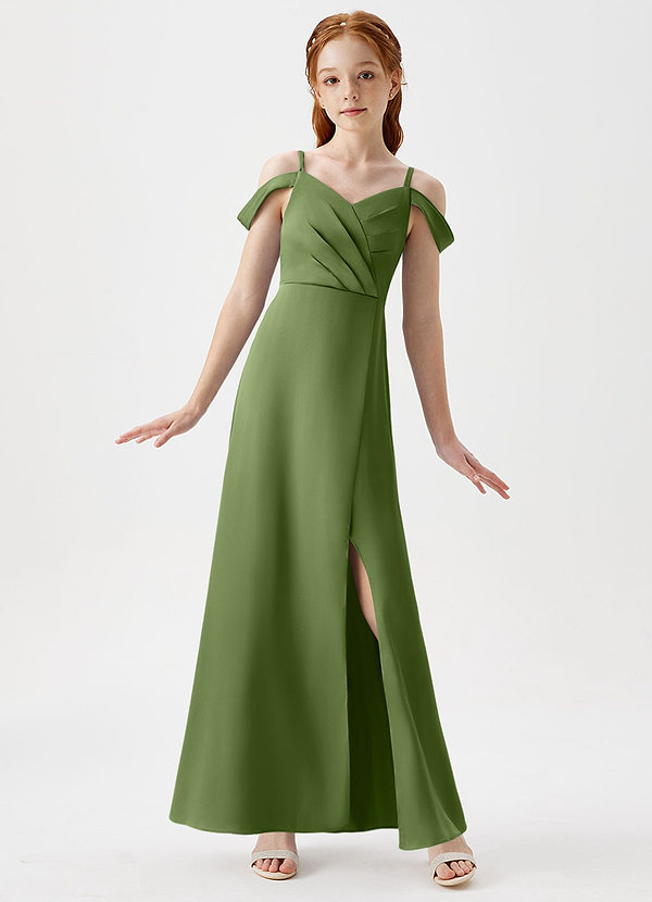 Azazie Ocean Junior Juniper A-Line Off the Shoulder Stretch Satin Dress image1