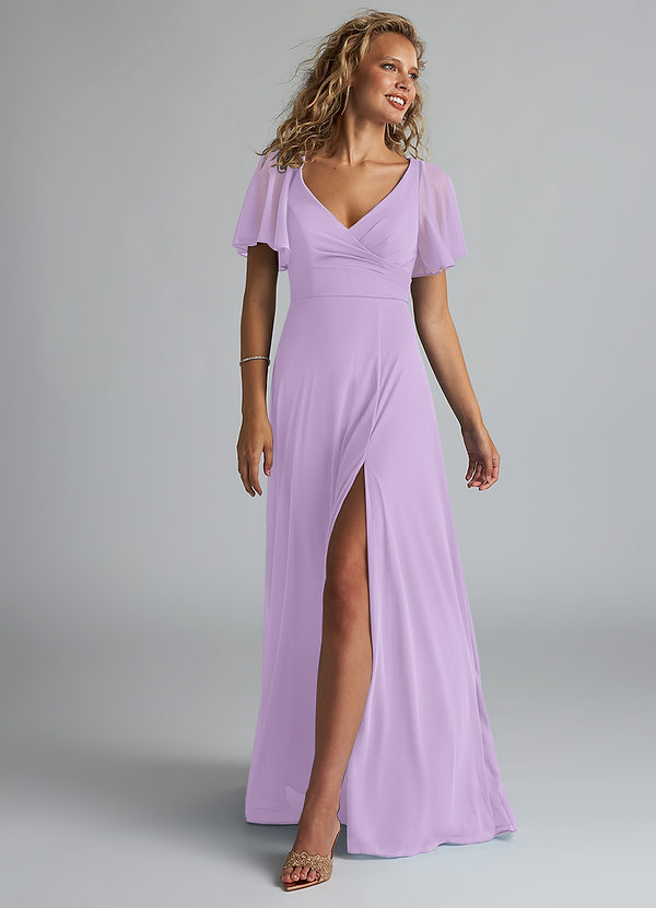 Azazie Induh Bridesmaid Dresses Lilac A-Line Flutter V-neck Mesh Dress image1