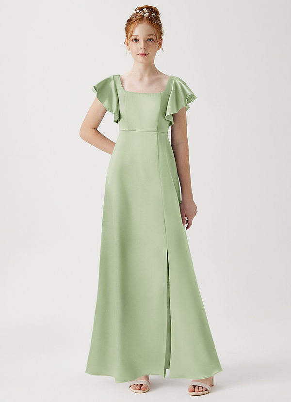 Azazie Bondi Junior Dusty Sage A-Line Side Slit Metallic Satin Dress image1
