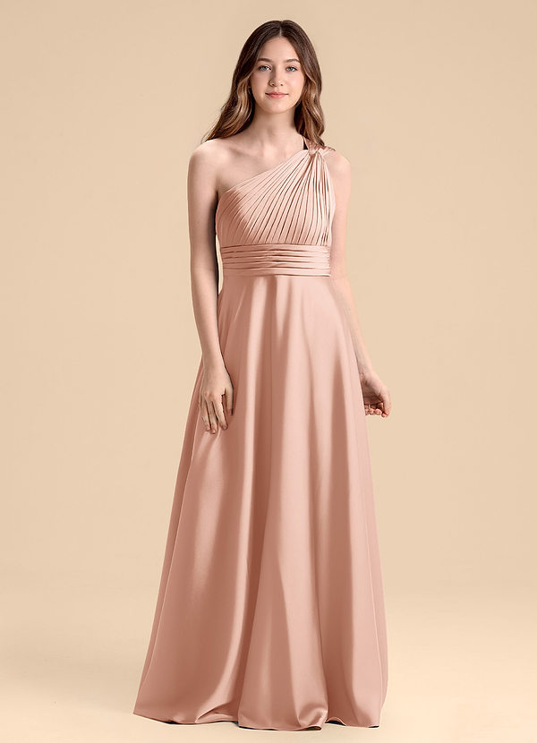 Azazie Charlize Junior Rose Gold A-Line Pleated Stretch Satin Dress image1