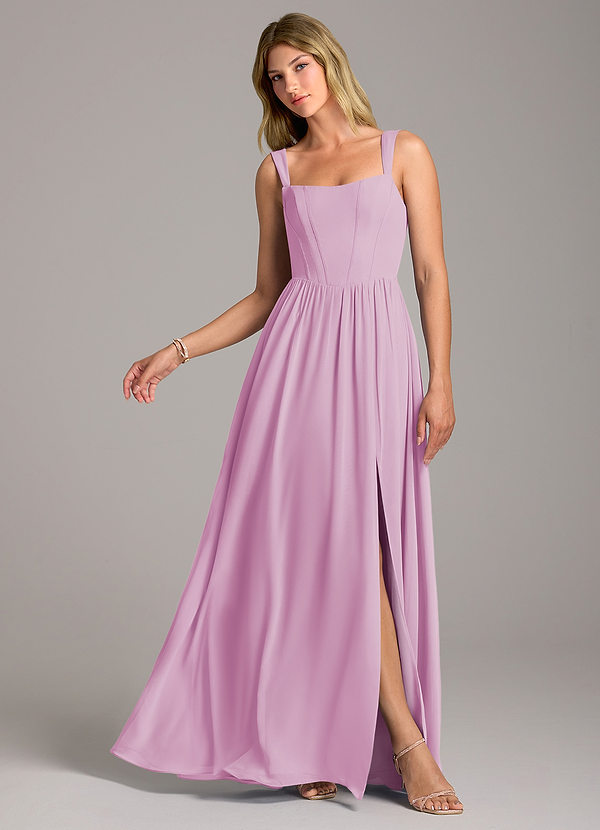 Azazie Rosaline Robes de demoiselle d'honneur Robe Trapèze en Mousseline de soie Fente latérale Rose Bonbon image1