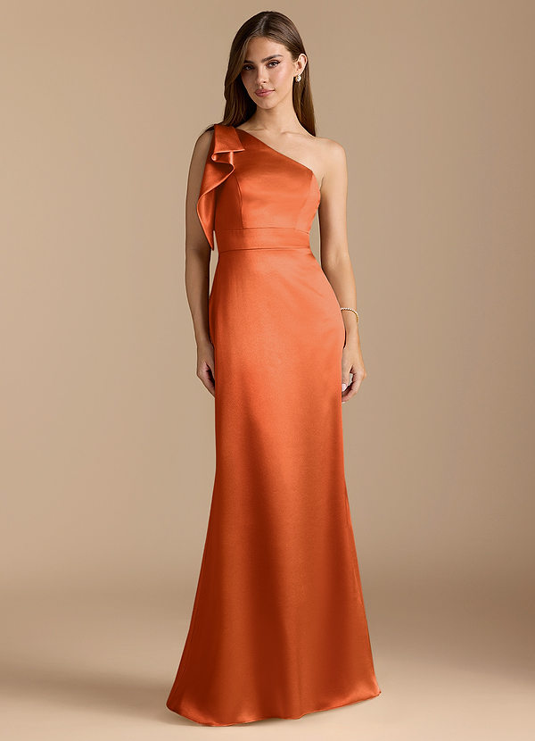 Azazie Rinna Bridesmaid Dresses Burnt Orange Mermaid Ruched Metallic Satin Dress image1