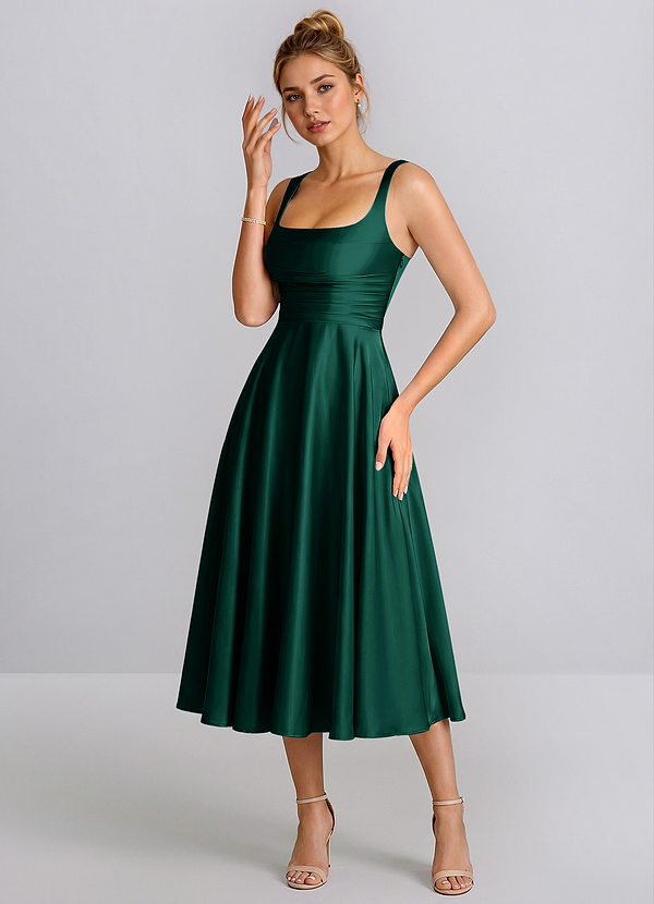 Ines Hunter Green Square Neck Satin Lace-Up A-Line Midi Dress image1