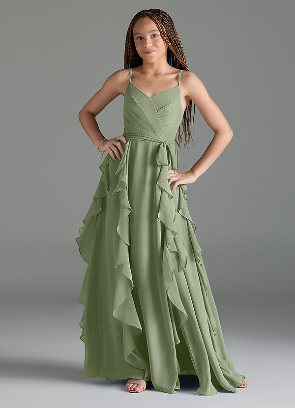 Peyton Junior Pistachio A-Line V-Neck Cascading Ruffles Chiffon Dress image1