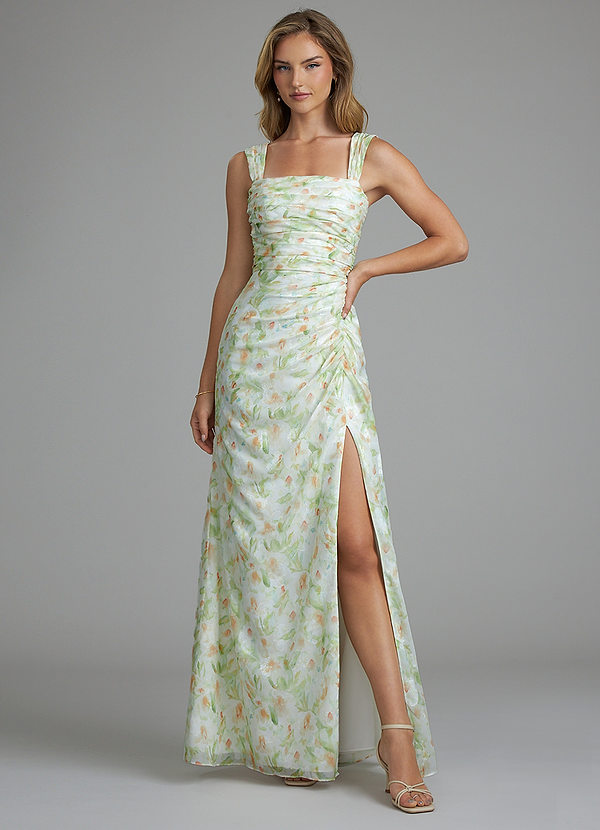 Azazie Jesaphine Bridesmaid Dresses Green Watercolor Floral Sheath Pleated Watercolor Floral Dress image1