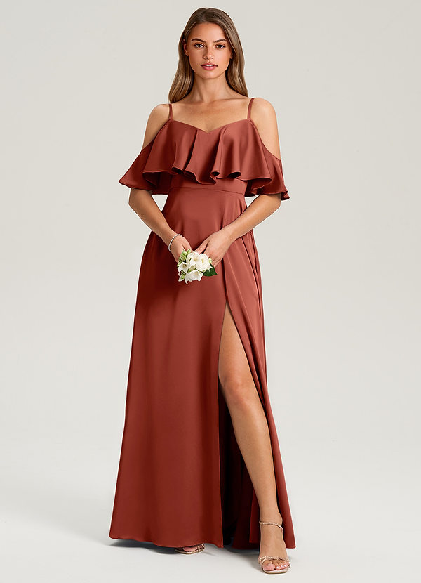 Azazie Jean Bridesmaid Dresses Terracotta A-Line Off the Shoulder Stretch Satin Dress image1