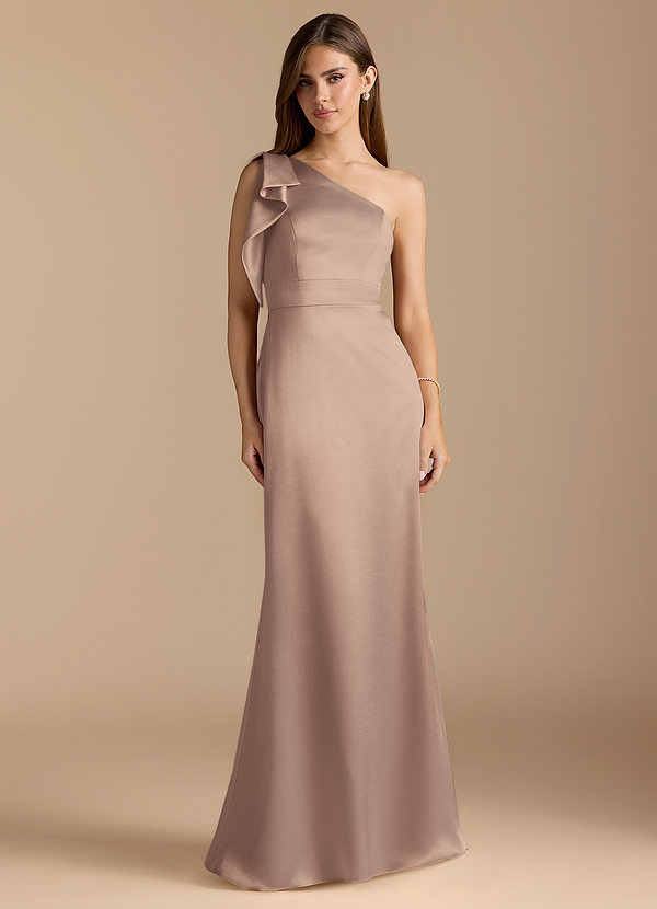 Azazie Rinna Robes Demoiselle d'honneur Robe Sirène en Satiné métallisé Rayé Taupe image1