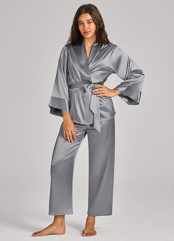 front Matching Color Satin Wrap Front Belted PJ Set