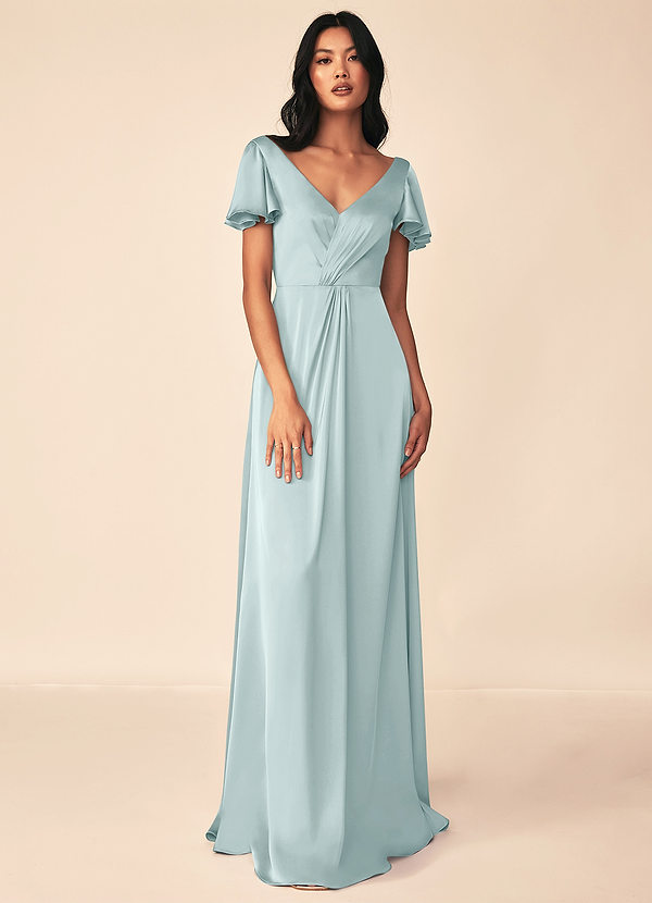 Azazie Soren Bridesmaid Dresses Mist A-Line Pleated Stretch Satin Dress image1