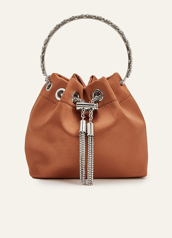 front Crystal Hoop Handle Satin Bucket Bag