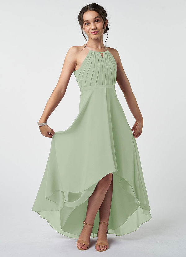 Azazie Oaklynn Junior Robe Trapèze en Mousseline de soie Plissée Vert Sauge image1
