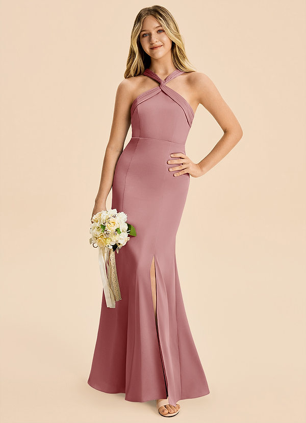 Azazie Rue Junior Robe Sirène en Satin extensible Plissé Rose Poussiéreuse image1