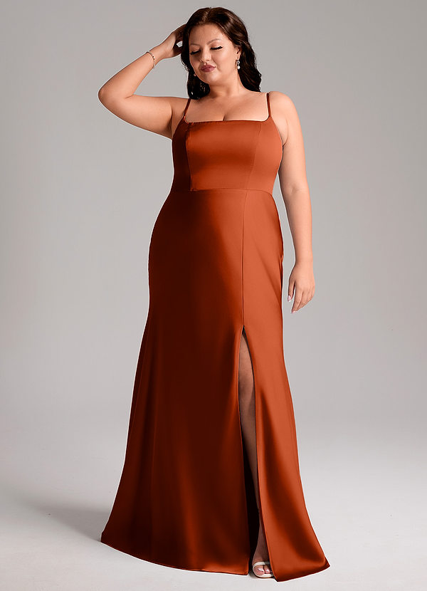 Azazie Lidia Bridesmaid Dresses Paprika Mermaid Side Slit Stretch Satin Dress image1