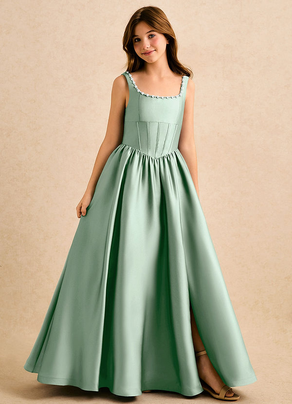 Azazie Enid Girls Formal Kukkaistyttöjen mekot A-linja Helmillä koristeltu Joustava satiini Lattian pituus Pukeutua image1