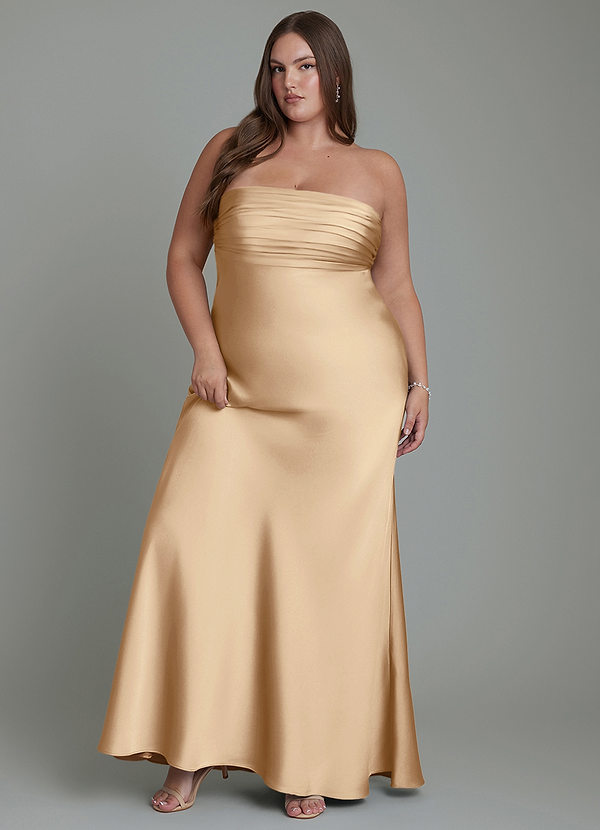Azazie Saylor Bruidsmeisjesjurken Jurk van Stretch Satijn met Zeemeermin Strapless Champagne image1