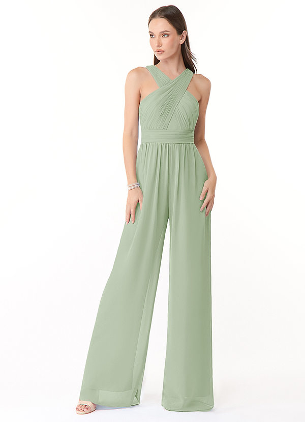Azazie Berdie Bridesmaid Dresses Dusty Sage Halter Chiffon Jumpsuit image1