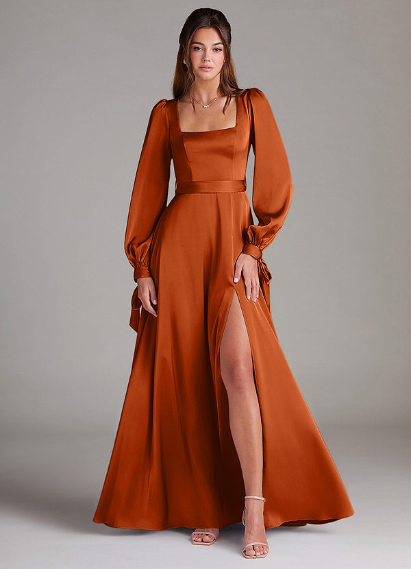 Azazie Leonia Bridesmaid Dresses Burnt Orange A-Line Long Sleeve Stretch Satin Dress image1
