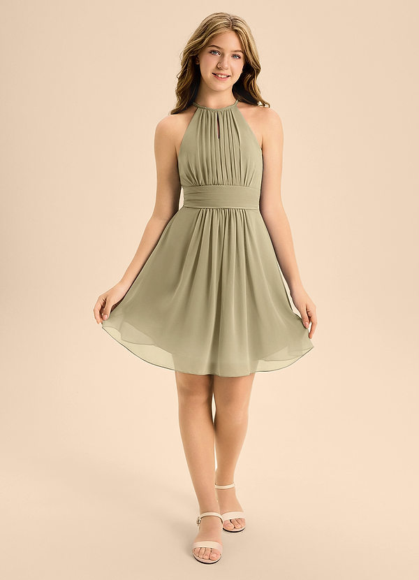 Azazie Bonnie Junior A-Linie Plissee Chiffon Kleid Moosgrün image1
