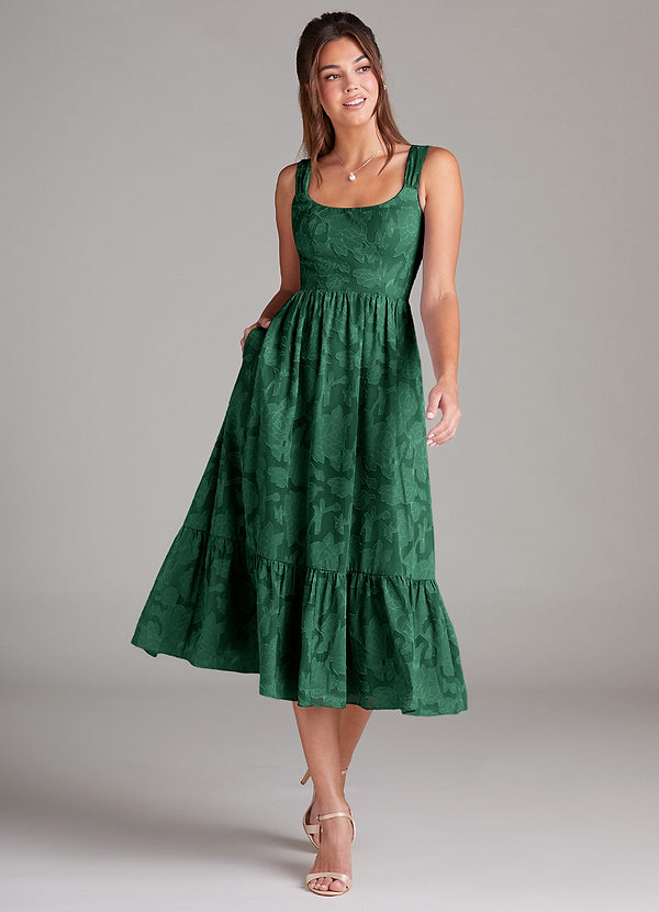 Azazie Alissa Bridesmaid Dresses Dark Green A-Line with Pockets Floral Burnout Dress image1