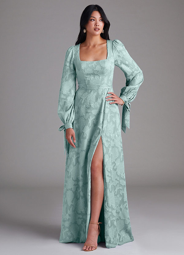 Azazie Leonia Bridesmaid Dresses Mist A-Line Long Sleeve Floral Burnout Dress image1