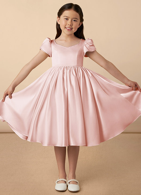 Azazie Juno Flower Girl Dresses Blushing Pink A-Line Sweetheart Neckline Matte Satin Dress image1