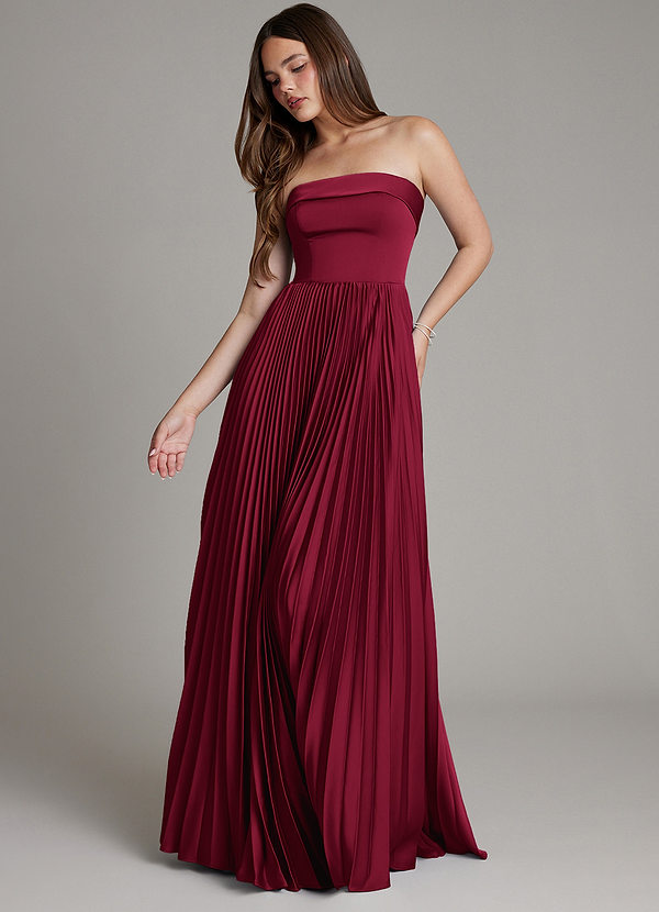 Azazie Mariana Bridesmaid Dresses Burgundy A-Line Pleated Stretch Satin Dress image1