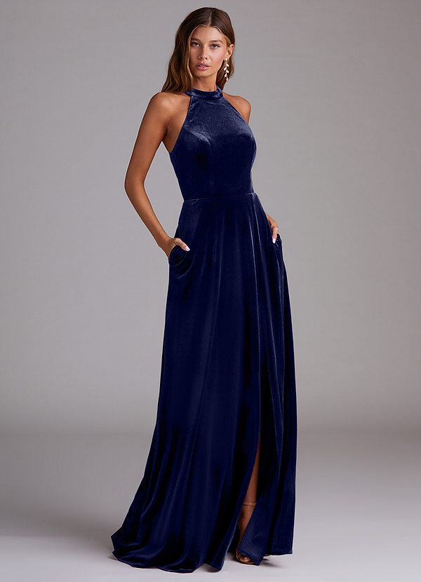 Azazie Larice Bridesmaid Dresses Dark Navy A-Line with Pockets Velvet Dress image1