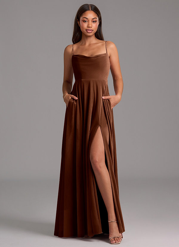 Azazie Elle Bruidsmeisjes Jurken Jurk van flueel met A-Lijn met Zakken Omber image1