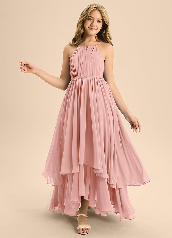 Azazie Elliora Junior A-Linie Plissee Chiffon Kleid Rosettenrosa image1
