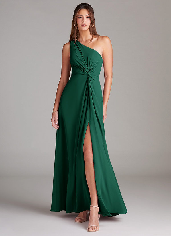 Azazie Brooke Bridesmaid Dresses Emerald A-Line One Shoulder Chiffon Dress image1