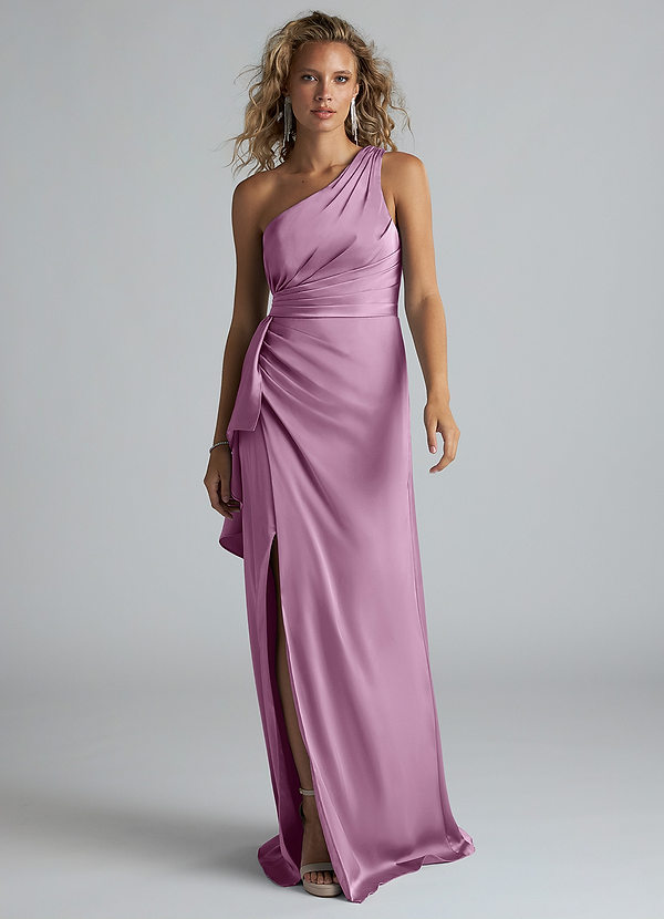Azazie Maive Bridesmaid Dresses Wisteria Sheath Ruched Stretch Satin Dress image1