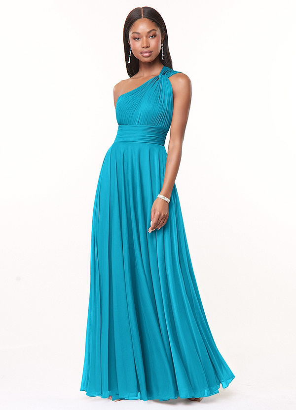 Azazie Charlize Bridesmaid Dresses Jade A-Line One Shoulder Mesh Dress image1