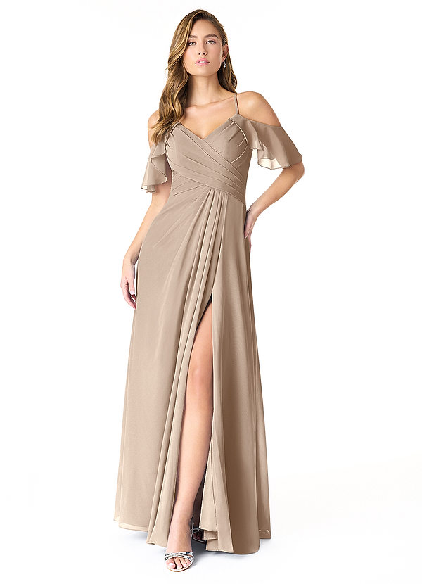 Azazie Dakota Bridesmaid Dresses Taupe A-Line V-Neck Pleated Chiffon Dress image1