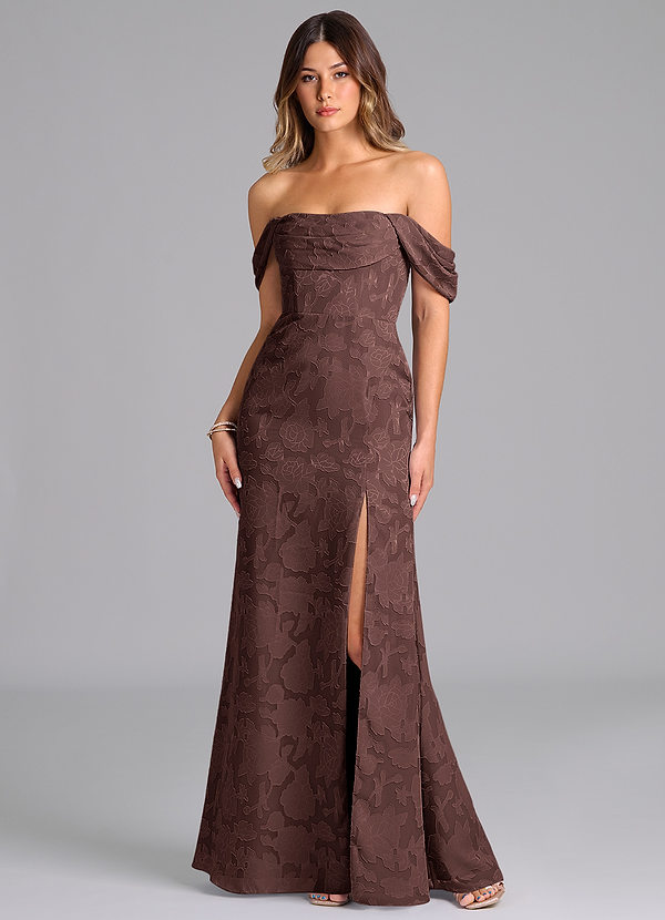 Azazie Saige Bridesmaid Dresses Espresso A-Line Off the Shoulder Floral Burnout Convertible Dress image1