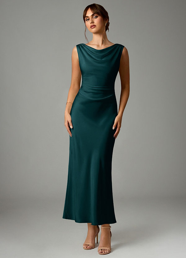 Azazie Kieryn Robes Demoiselle d'honneur Robe Sirène en Satin extensible Plissée Vert Pin image1